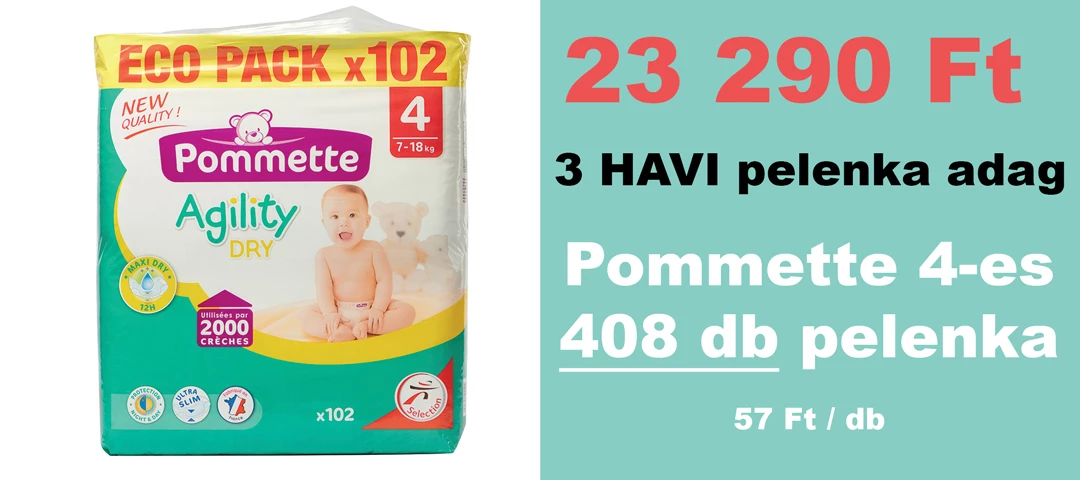 Pommette pelenka 4, Agility Dry, 7-18 kg, 4x102 db - 2 HAVI pelenkacsomag