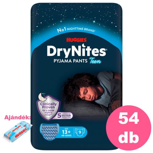 Huggies DryNites 13+ éves fiú, 6x9 db - 2 HAVI pelenkacsomag + AJÁNDÉK Pure törlőkendő