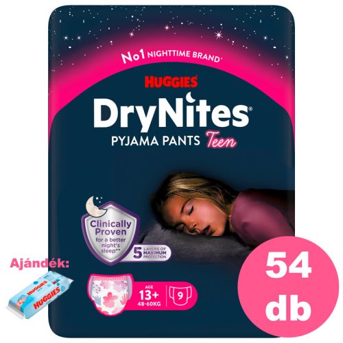 Huggies DryNites 13+ éves lány, 6x9 db - 2 HAVI pelenkacsomag + AJÁNDÉK Pure törlőkendő