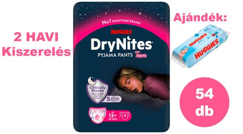 Huggies DryNites 13+ éves lány, 6x9 db - 2 HAVI pelenkacsomag + AJÁNDÉK Huggies törlőkendő