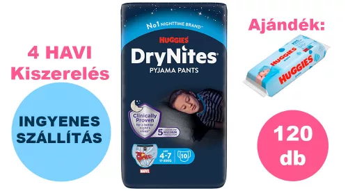  INGYENES SZÁLLÍTÁS - Huggies DryNites 4-7 éves fiú, 12x10 db - 4 HAVI pelenkacsomag + AJÁNDÉK Huggies törlőkendő