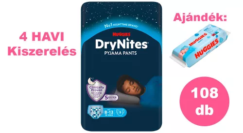  INGYENES SZÁLLÍTÁS - Huggies DryNites 8-13 éves fiú, 12x9db - 4 HAVI pelenkacsomag + AJÁNDÉK Huggies törlőkendő