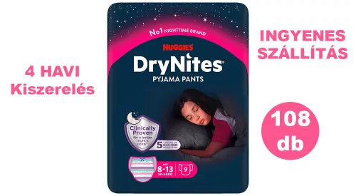  INGYENES SZÁLLÍTÁS - Huggies DryNites 8-13 éves lány, 12x9db - 4 HAVI pelenkacsomag + AJÁNDÉK Huggies törlőkendő