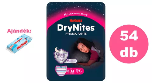 Huggies DryNites 8-13 éves lány, 6x9db - 2 HAVI pelenkacsomag + AJÁNDÉK Huggies törlőkendő