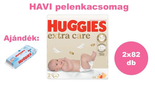 Huggies Extra Care 2-es pelenka 3-6 kg, 164 (2x82) db - HAVI pelenkacsomag + AJÁNDÉK Huggies törlőkendő
