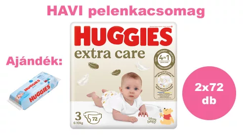 Huggies Extra Care 3-as pelenka 6-10 kg, 144 (2x72) db - HAVI pelenkacsomag + AJÁNDÉK Huggies törlőkendő