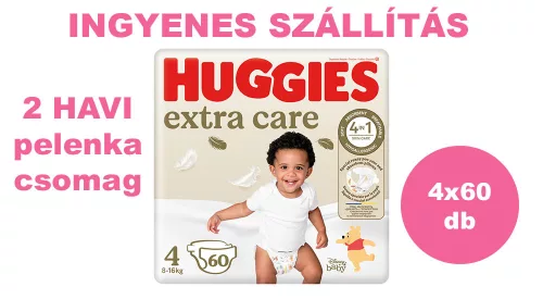  INGYENES SZÁLLÍTÁS - Huggies Extra Care 4-es pelenka 8-16 kg, 240 (4x60) db - 2 HAVI pelenkacsomag