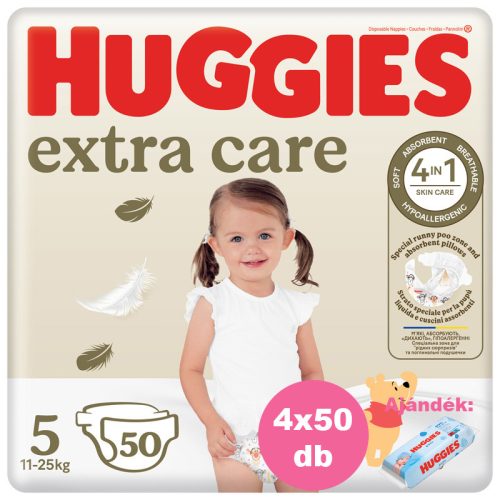 Huggies Extra Care 5-ös pelenka 11-25 kg, 200 (4x50) db - 2 HAVI pelenkacsomag + AJÁNDÉK Pure törlőkendő