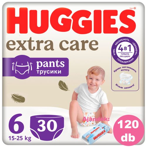 Huggies Extra Care Pants 6-os bugyipelenka 15-25kg, 4x30db - HAVI PELENKACSOMAG + AJÁNDÉK Pure törlőkendő
