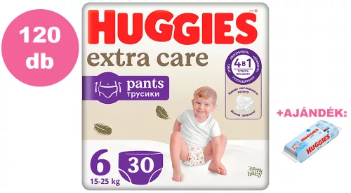  INGYENES SZÁLLÍTÁS - Huggies Extra Care Pants 6-os bugyipelenka 15-25kg, 4x30db - HAVI PELENKACSOMAG + AJÁNDÉK Huggies törlőkendő