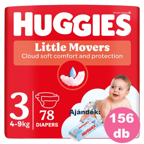 Huggies Little Movers 3-as, 4-9 kg, 2x78 db - HAVI pelenkacsomag + AJÁNDÉK Pure törlőkendő