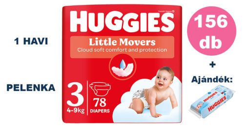 Huggies Little Movers 3-as, 4-9 kg, 2x78 db - HAVI pelenkacsomag + AJÁNDÉK Huggies törlőkendő