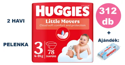  INGYENES SZÁLLÍTÁS - Huggies Little Movers 3-as, 4-9 kg, 4x78 db - 2 HAVI pelenkacsomag + AJÁNDÉK Huggies törlőkendő