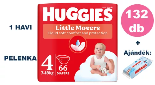 Huggies Little Movers 4-es, 7-18 kg, 2x66 db - HAVI pelenkacsomag + AJÁNDÉK Huggies törlőkendő