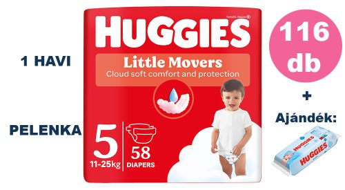 Huggies Little Movers 5-ös, 11-25 kg, 2x58 db - HAVI pelenkacsomag + AJÁNDÉK Huggies törlőkendő
