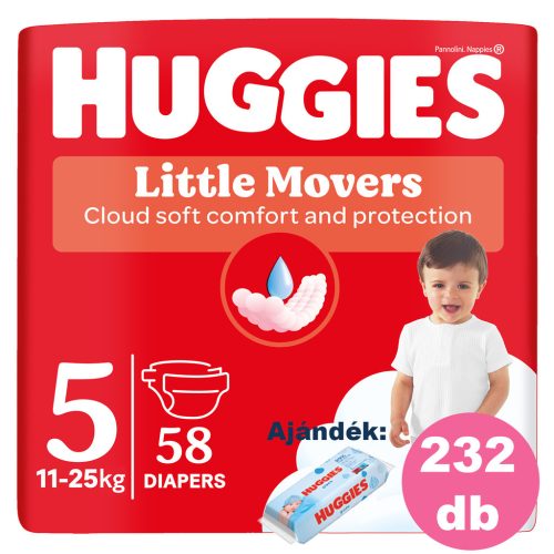 Huggies Little Movers 5-ös, 11-25 kg, 4x58 db - 2 HAVI pelenkacsomag + AJÁNDÉK Pure törlőkendő