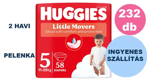  INGYENES SZÁLLÍTÁS - Huggies Little Movers 5-ös, 11-25 kg, 4x58 db - 2 HAVI pelenkacsomag