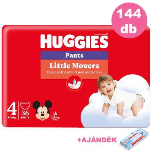Huggies Little Movers Pants 4-es bugyipelenka 9-14kg, 4x36db - HAVI pelenkacsomag + AJÁNDÉK Pure törlőkendő