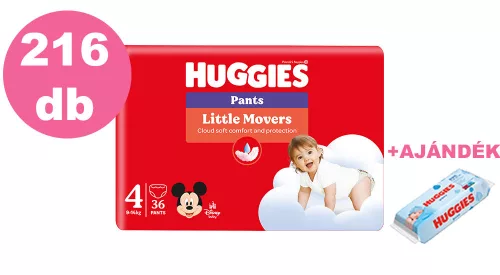  INGYENES SZÁLLÍTÁS - Huggies Little Movers Pants 4-es bugyipelenka 9-14kg, 6x36db - HAVI pelenkacsomag + AJÁNDÉK Huggies törlőkendő