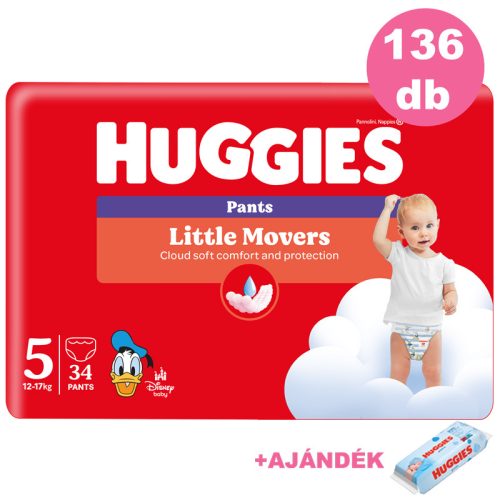Huggies Little Movers Pants 5-ös bugyipelenka 12-17kg, 4x34db - HAVI pelenkacsomag + AJÁNDÉK Pure törlőkendő