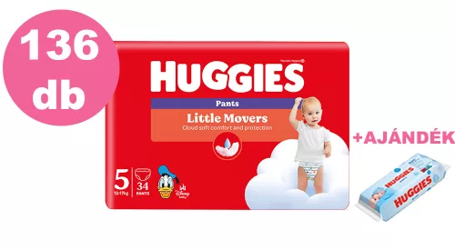 Huggies Little Movers Pants 5-ös bugyipelenka 12-17kg, 4x34db - HAVI pelenkacsomag + AJÁNDÉK Huggies törlőkendő