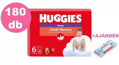 INGYENES SZÁLLÍTÁS - Huggies Little Movers Pants 6-os bugyipelenka 15-25kg, 6x30db - HAVI pelenkacsomag + AJÁNDÉK Huggies törlőkendő