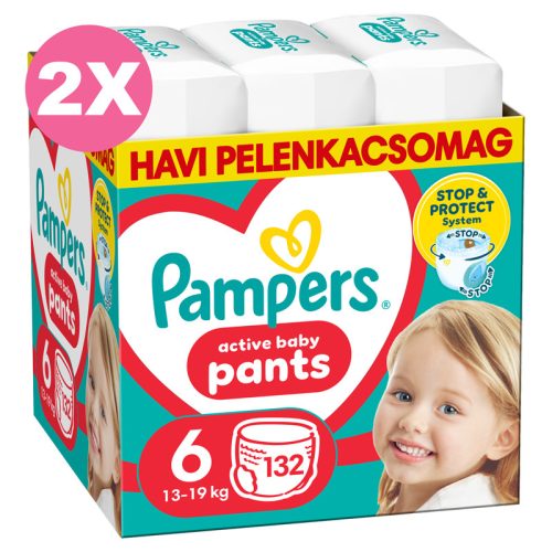 Pampers Pants 6-os bugyipelenka, 13-19 kg, 2x132db - 2 HAVI Pelenkacsomag + AJÁNDÉK Mancs törölköző
