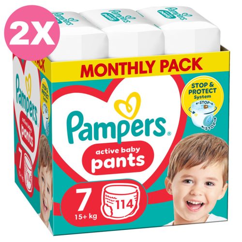 Pampers Pants 7-es bugyipelenka, 15+ kg, 2x114db - 2 HAVI Pelenkacsomag + AJÁNDÉK Mancs törölköző