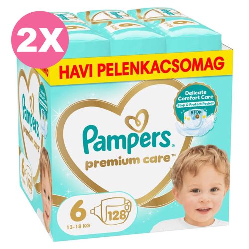 Pampers Premium Care 6-os, 13-18 kg, 2x128 db - 2 HAVI Pelenkacsomag  + AJÁNDÉK Mancs törölköző