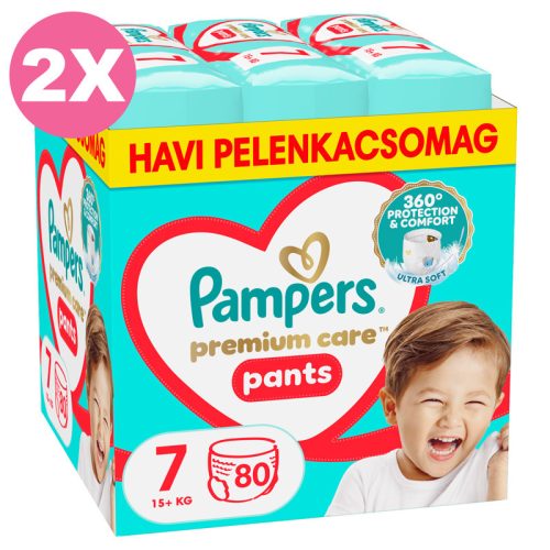 Pampers Premium Care Pants 7 bugyipelenka, 15kg+, 2x80 db - 2 HAVI pelenkacsomag + AJÁNDÉK Mancs törölköző