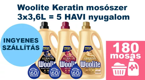  INGYENES SZÁLLÍTÁS - Woolite Keratin mosószer sötét + színes ruhákhoz 3x3,6L [180 mosás]